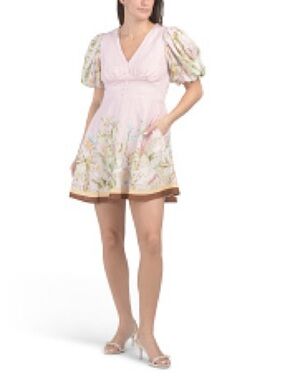 Rachel Zoe floral linen blend, puff sleeves dress.